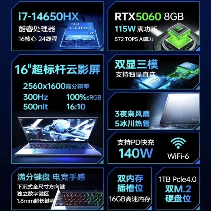雷神猎刃16笔记本i7-14650HX RTX5060 300Hz 2K 16G内存1TB固态16英寸